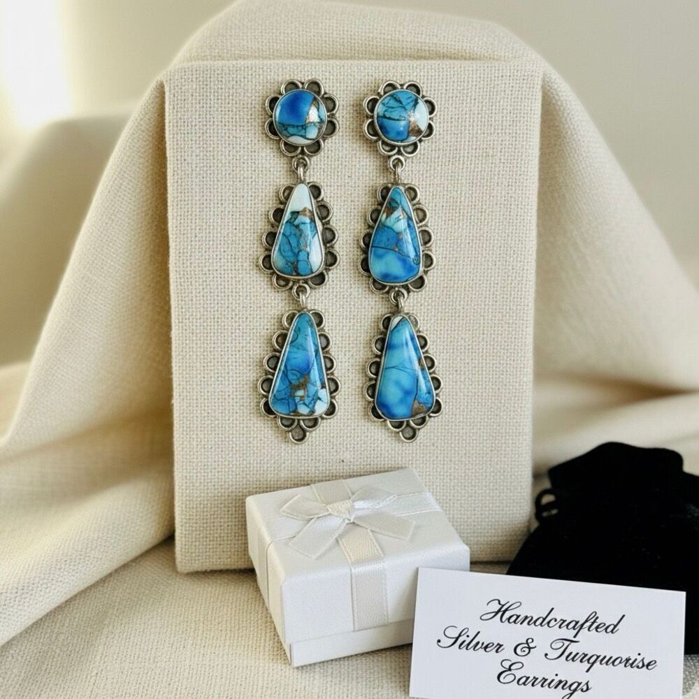 Southwestern Sterling Silver & Ice Blue Dahlia Turquoise Dangle Earrings